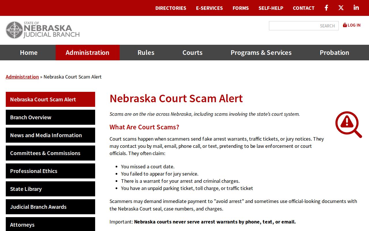 Fillmore County warrant records official Nebraska court scam warning